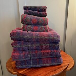 Lauren Ralph Lauren Towel Set 8 Pc Tartan Plaid Burgundy Vintage 90s 100% Cotton